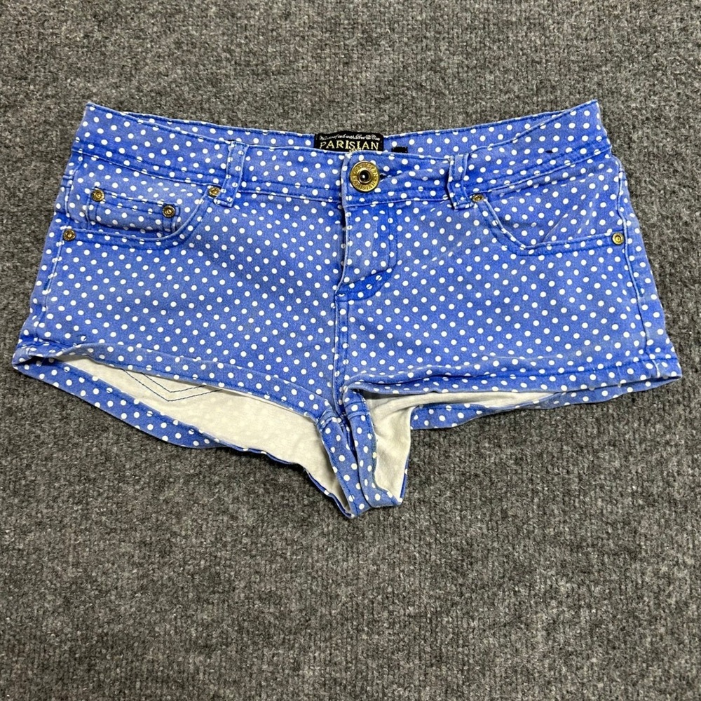 Parisian Shorts Womens Size 7 Blue Polka Dot Low Rise Denim Hot Pants Casual